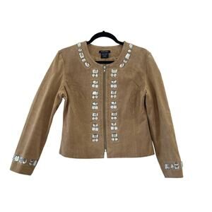 Boston Proper Beige Nude Embellished Vintage Art to Wear Leather Jacket Size 8